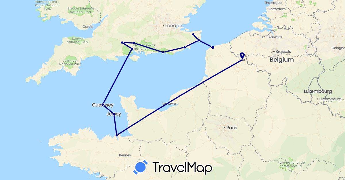 TravelMap itinerary: driving in France, United Kingdom, Guernsey, Jersey (Europe)